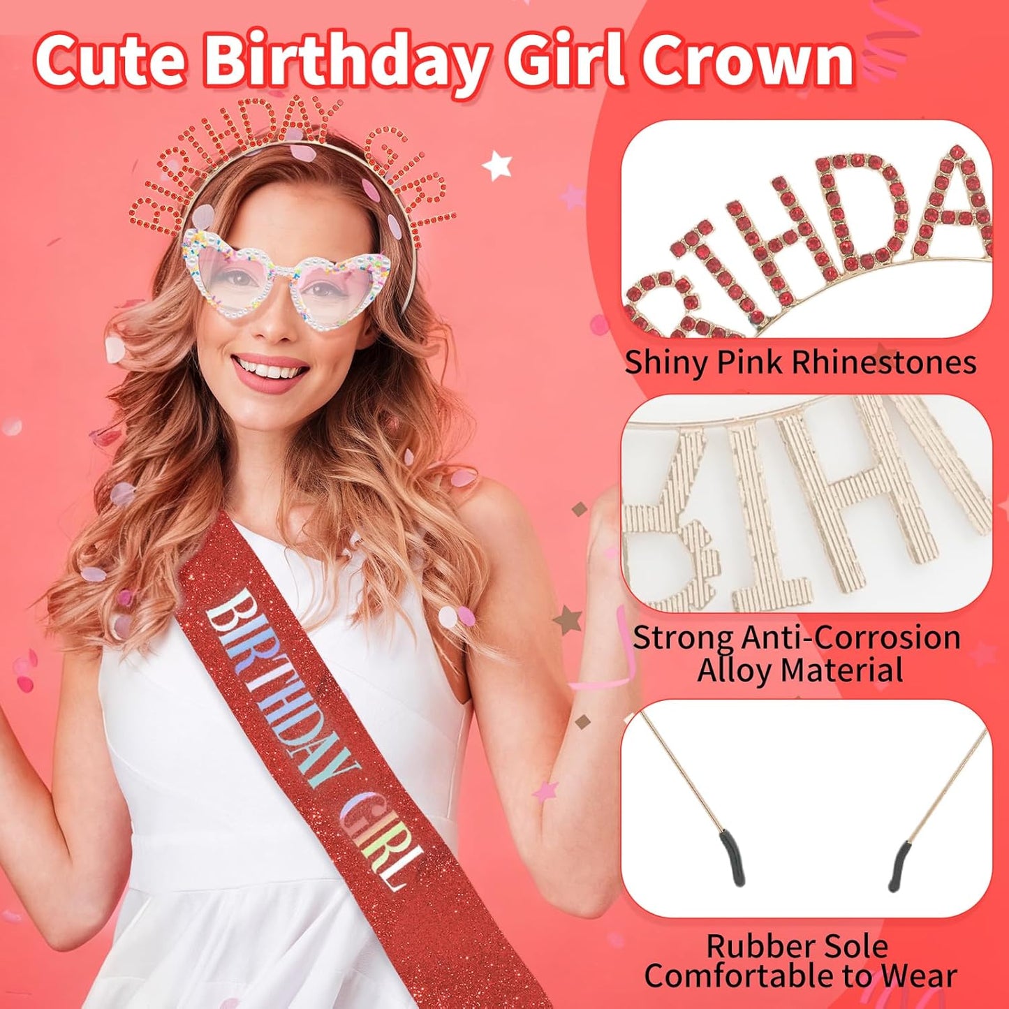 3Pcs Birthday Girl Sash Headband Set-Birthday Sash Tiara and Crown Sunglasses for Girls Women