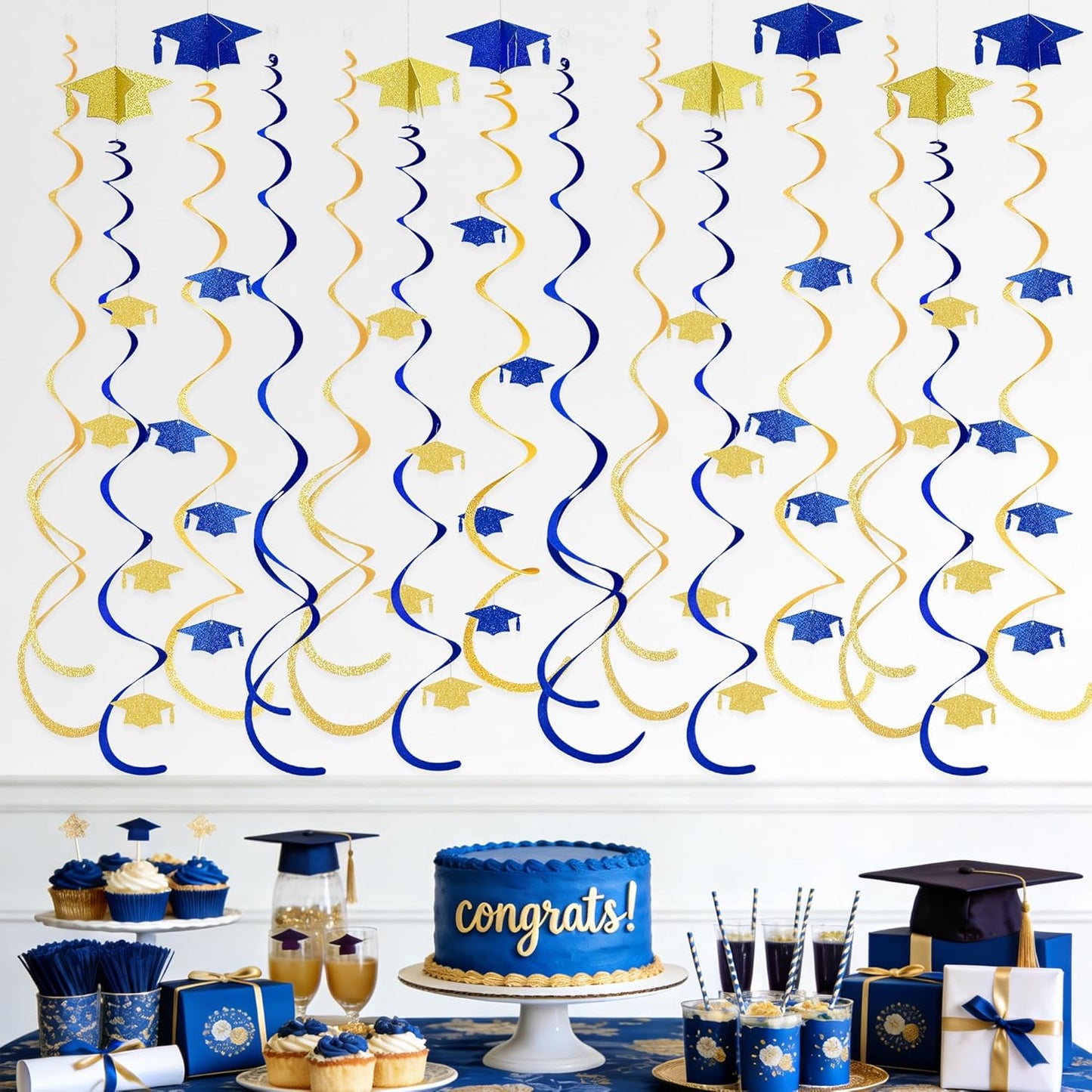36 Pcs Blue Hanging Swirl Decorations Ombre Royal Blue White Felt Swirl Streamer Spiral Ceiling Garland for Birthday Wedding Baby Shower Graduation Under The Sea Nautical Ahoy Achor Party Supplies