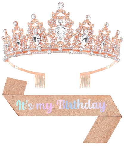 Birthday Tiara and Crown with Sash, Birthday Tiara for Women Party Silver