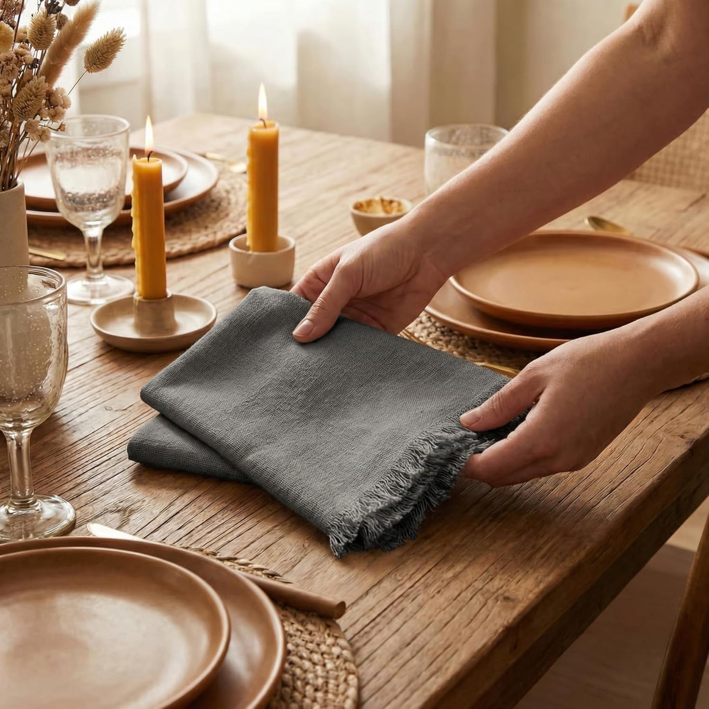 ACCENTHOME Natural Cotton Linen Napkin Set of 12 18x18 inch Dinner Napkins - Washable Soft Premium Hotel Quality Reusable Hemmed Edges Napkins Perfect Table Linens for Family Dinners, Weddings