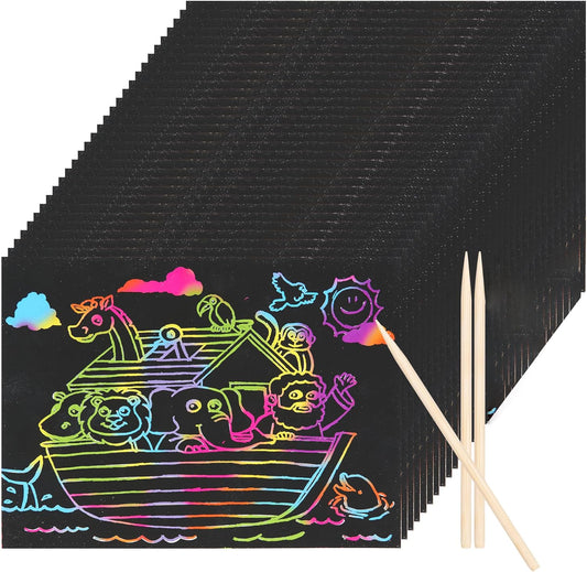 Defresit Noah’s Ark Scratch Art Kit – 30 Rainbow Scratch Paper with Stylus, Bible Story & Sunday School Craft Activity, Classroom Art Project Supplies, Creative DIY Party Favors