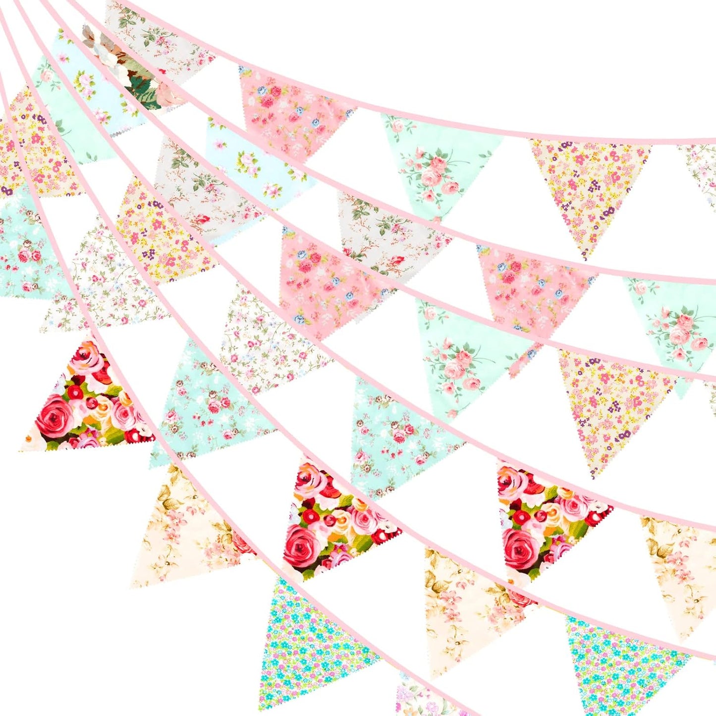 jijAcraft 39Ft Triangle Bunting Banner, 42Pcs Tea Floral Party Bunting Cotton Fabric Flags Pennant Garlands for Birthday Party, Wedding, Baby Shower, Outdoor and Home Decorations (Pink)