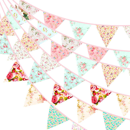 jijAcraft 39Ft Triangle Bunting Banner, 42Pcs Tea Floral Party Bunting Cotton Fabric Flags Pennant Garlands for Birthday Party, Wedding, Baby Shower, Outdoor and Home Decorations (Pink)