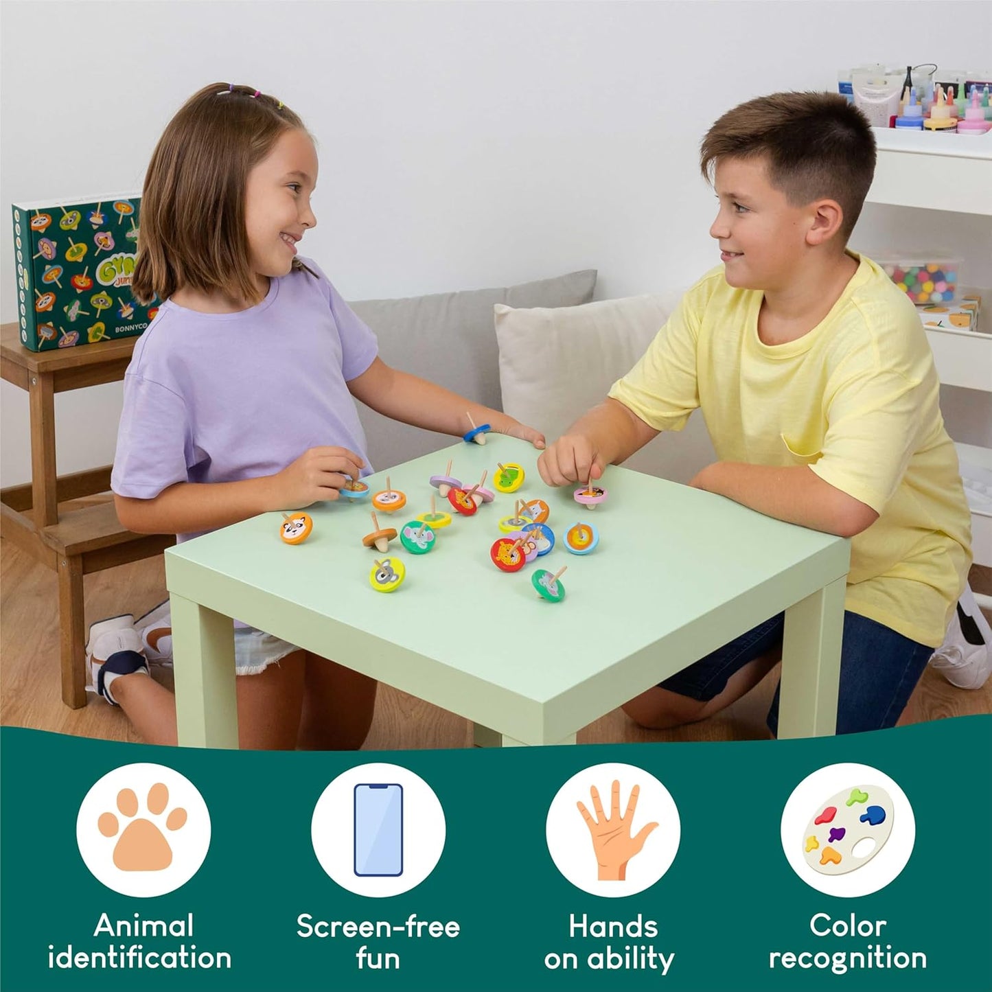 BONNYCO Wood Spinning Top 40 Pack Jungle Kids Party Favors. Spinning Tops Goodie Bags Stuffers for Kids 3-5 4-8, Return Gifts for Birthday Party. Goody Bag Stuffers, Pinata, Classroom Prizes, Rewards