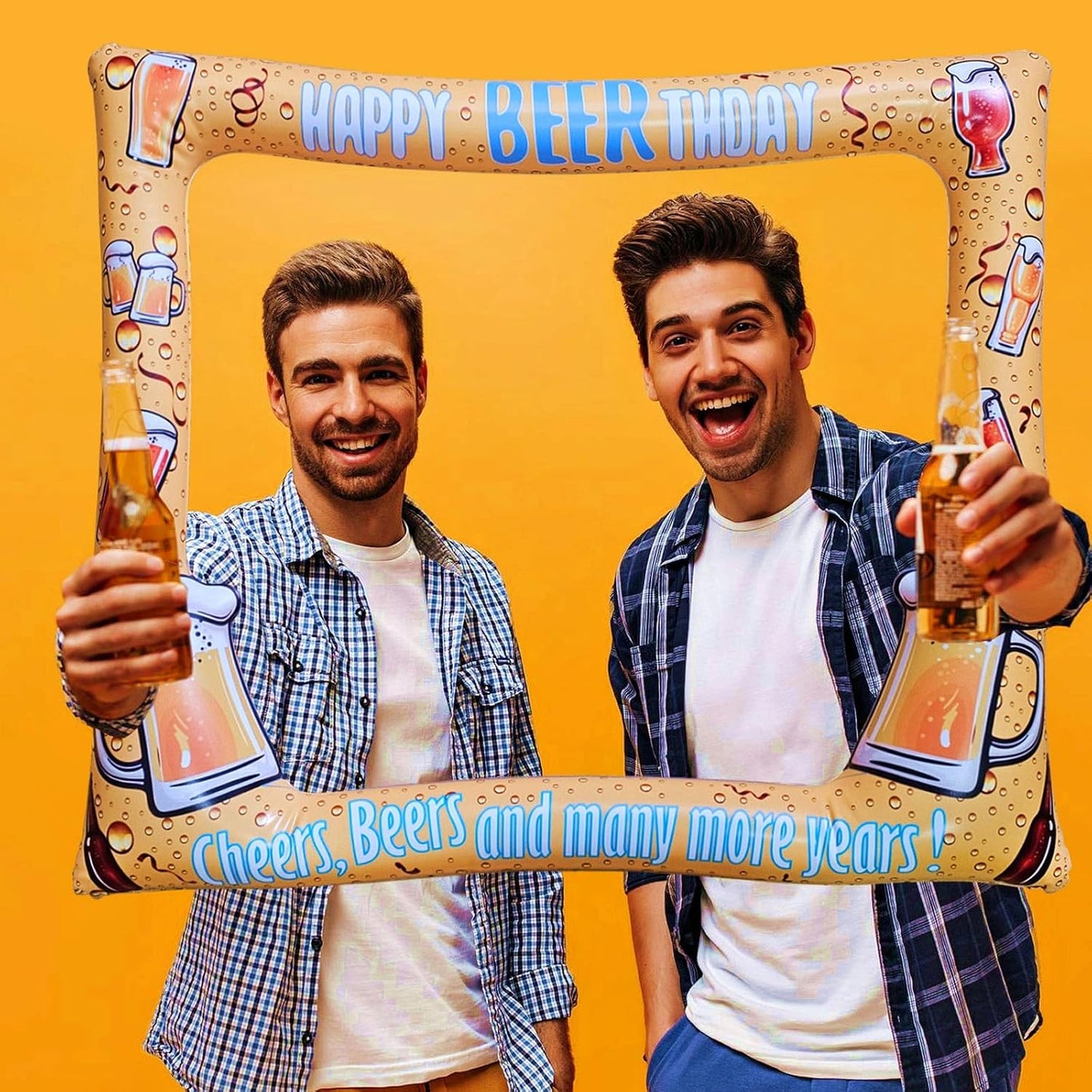 Beer Themed Happy Birthday Inflatable Selfie Photo Frame Props for Pictures & Decors Cheers and Beers Happy BEERthday Blow Up Picture Frame for 20th 30th 40th 50th 60th 70th and More Birthdays