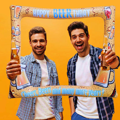 Beer Themed Happy Birthday Inflatable Selfie Photo Frame Props for Pictures & Decors Cheers and Beers Happy BEERthday Blow Up Picture Frame for 20th 30th 40th 50th 60th 70th and More Birthdays