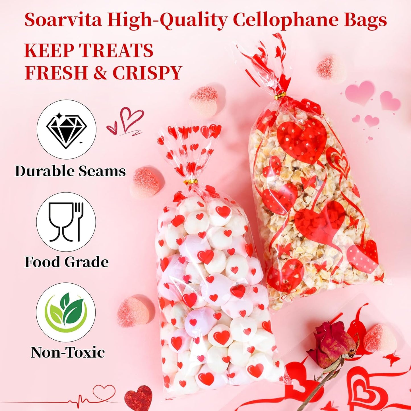 Soarvita Wildflower Cellophane Treat Bags: 50Pack Clear Plastic Floral Goodie Bags with 60 Ties for Cookies Snacks & Gift Packaging, Spring Candy Bag for Baby Bridal Shower Wedding Party Favors