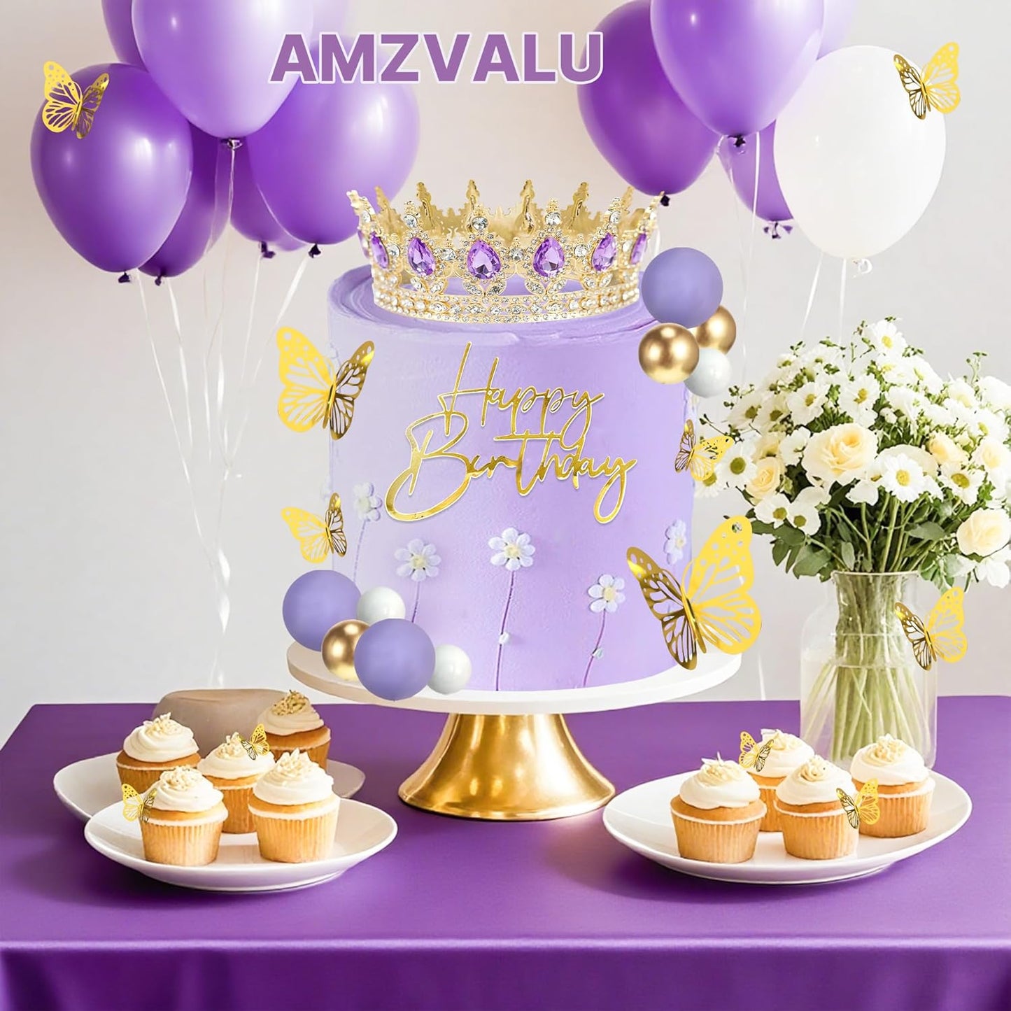Crown Cake Topper, Balls Happy Birthday Cake Topper Pink Crown Birthday Candles Gold Butterflies, Corona Para Pastel, Cake Decorations for Birthday Wedding (Gold, Pink)