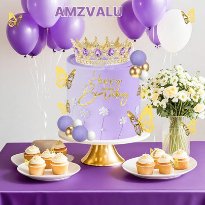 Crown Cake Topper, Balls Happy Birthday Cake Topper Pink Crown Birthday Candles Gold Butterflies, Corona Para Pastel, Cake Decorations for Birthday Wedding (Gold, Pink)