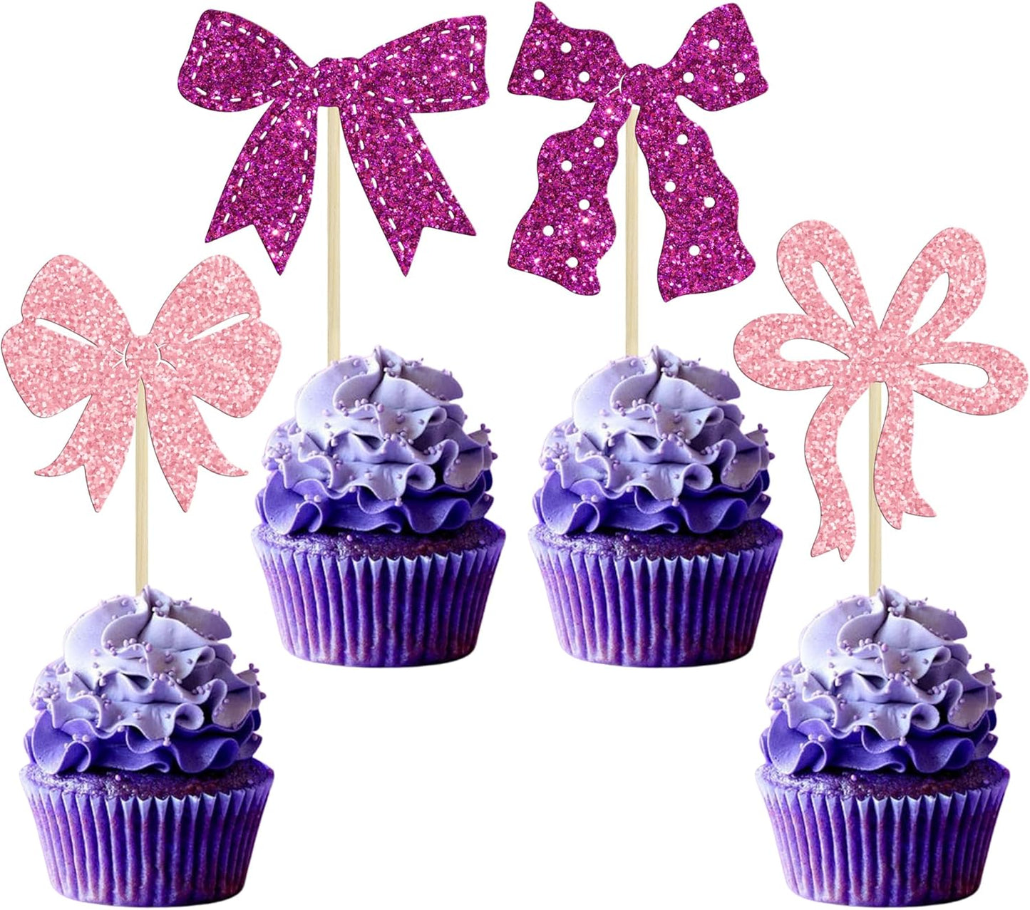 Ephlyn 24Pcs Pink Bow Cupcake Toppers Bow Birthday Cake Topper Girls Birthday Party Decorations Bowknot Cupcake Decorations for Bridal Wedding Themed Party Multi