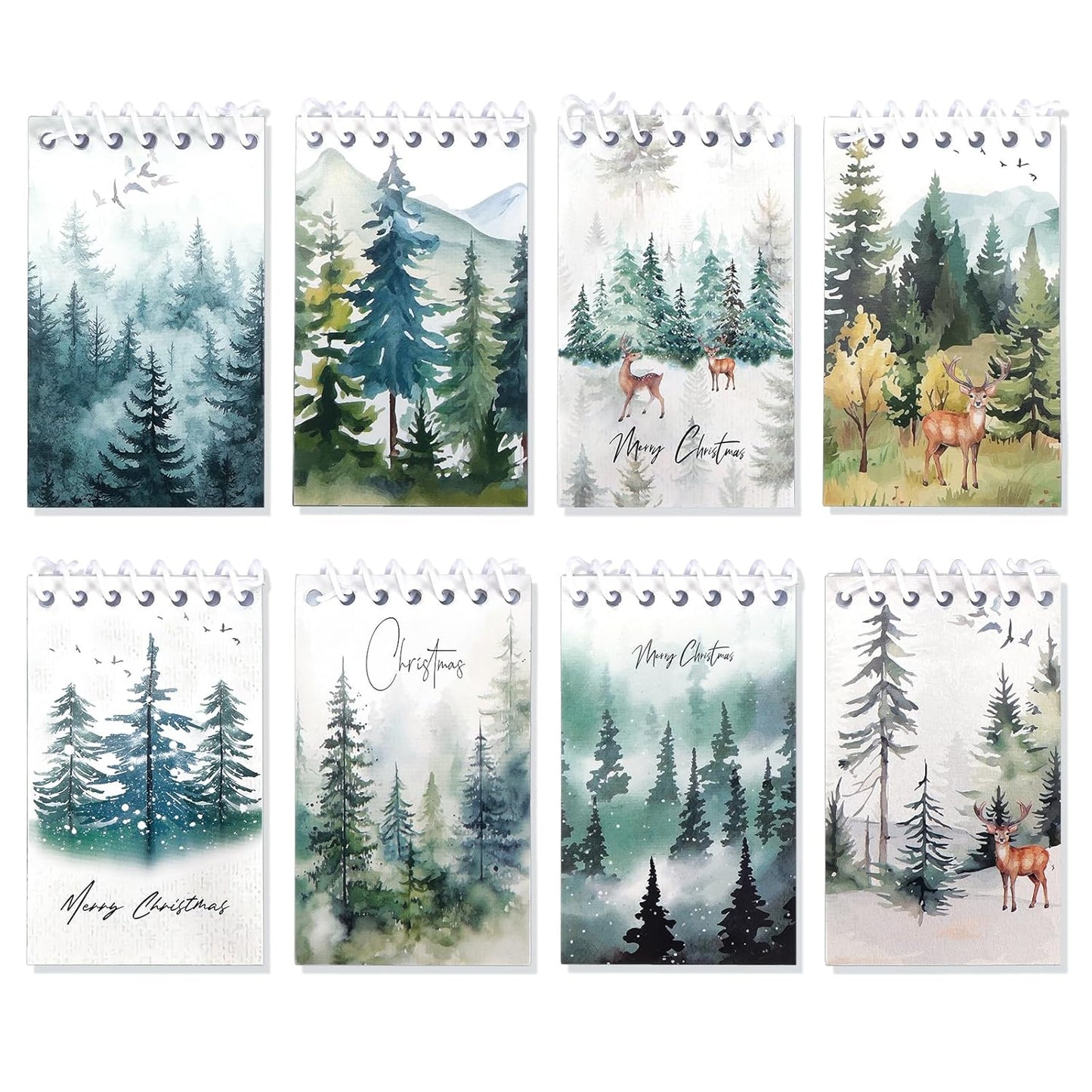 Konsait Christmas Tree Notepads, Watercolor Pine Tree Mini Spiral Notebooks Xmas Note Pads Message Reminder for Christmas Office Supplies Christmas School Party Favors (8 Pieces)