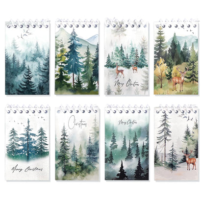 Konsait Christmas Tree Notepads, Watercolor Pine Tree Mini Spiral Notebooks Xmas Note Pads Message Reminder for Christmas Office Supplies Christmas School Party Favors (8 Pieces)