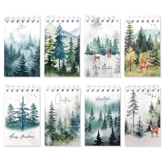 Konsait Christmas Tree Notepads, Watercolor Pine Tree Mini Spiral Notebooks Xmas Note Pads Message Reminder for Christmas Office Supplies Christmas School Party Favors (8 Pieces)