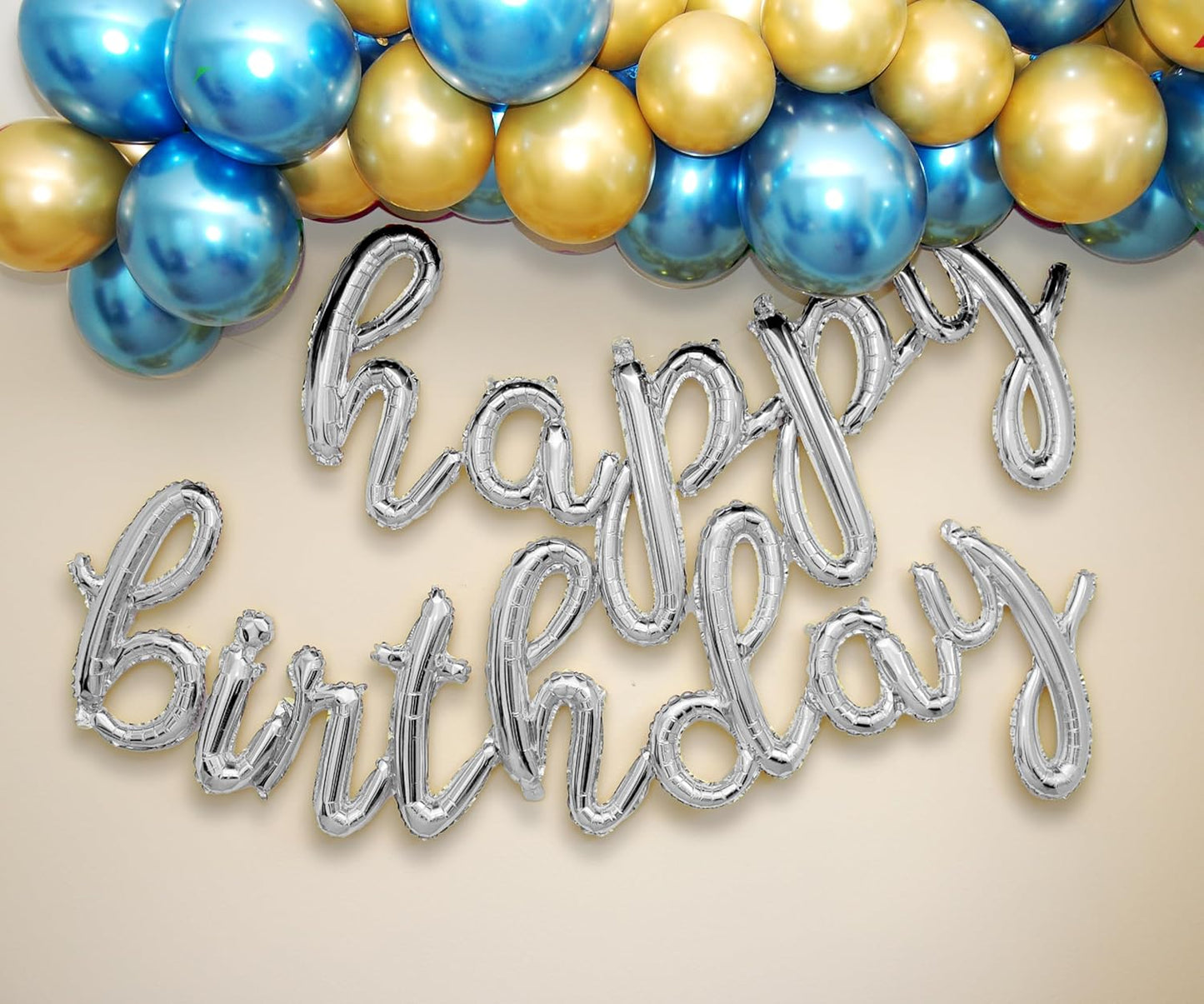 Gold Happy Birthday Balloons Banner | Script/Cursive Gold Letter Balloon Sign for Birthday Party Decor/Decoration | Foil Mylar Happy Birthday Banner