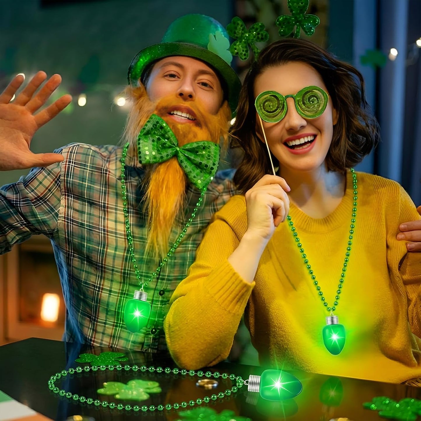 Ferreve 12 Pcs St Patricks Day Light up Beads Necklace Bulk LED Saint Patricks Day Lanyard Bulb Necklaces with 3 Light Modes Glow Tossing Beads for Irish Parade Party Favors Accessories (Green)