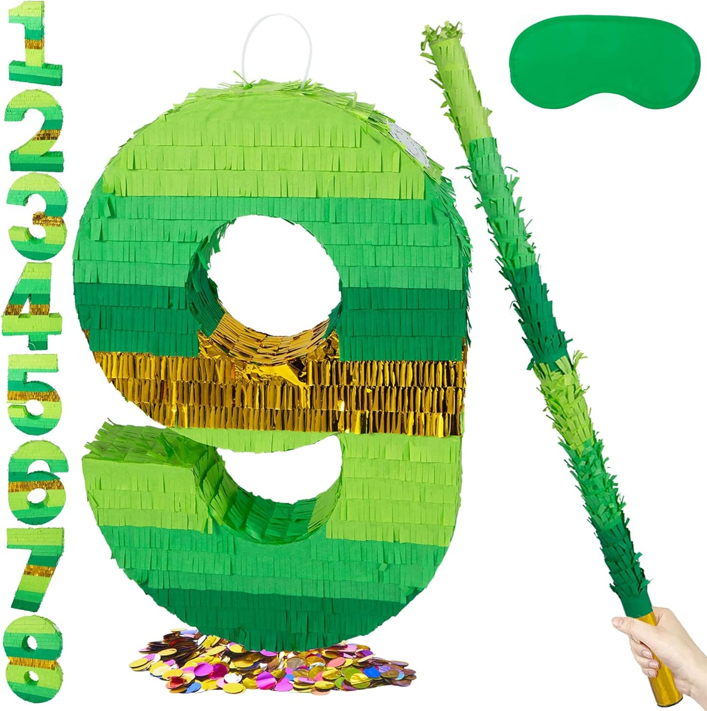 PCFING 20 Inch Number 1 Piñata Green Gold with 30 Inch Piñata Stick Blindfold Confetti for Boy Girl Adults Birthday Party Decorations, Anniversary Celebration, Fiesta