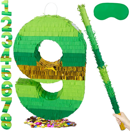 PCFING 20 Inch Number 1 Piñata Green Gold with 30 Inch Piñata Stick Blindfold Confetti for Boy Girl Adults Birthday Party Decorations, Anniversary Celebration, Fiesta