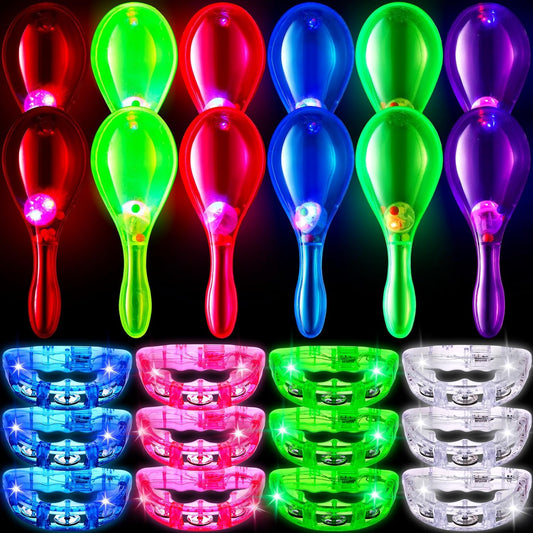 Libima 24 Pcs LED Light up Tambourine Tambourin and Mini Maracas Musical Adult Handheld Plastic Tambourine Bell LED Flashing Shaker Neon Mexican Decor Noisemaker for Easter Party Favor Birthday