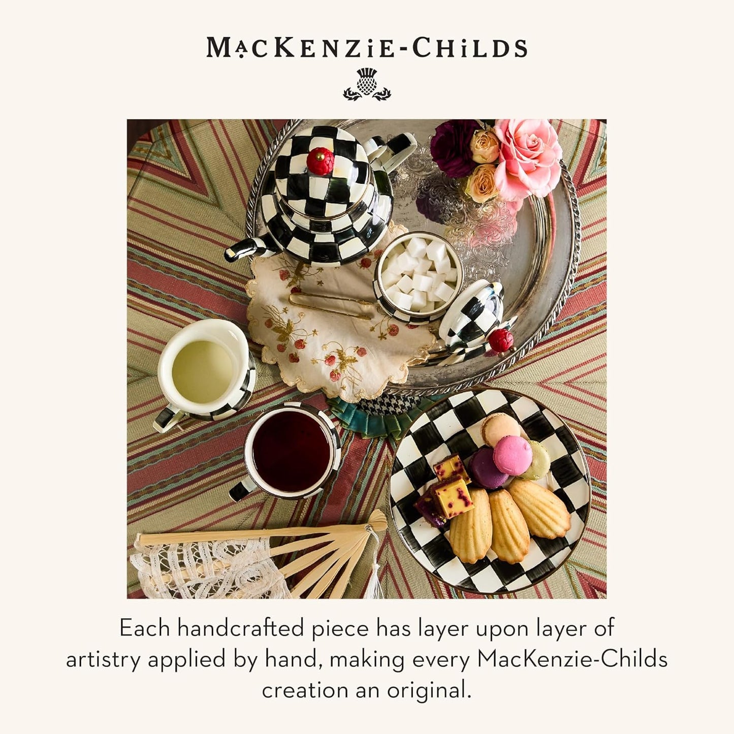 MACKENZIE-CHILDS Enamel Pedestal Platter, Round Cake Stand, Large, Black-and-White Courtly Check