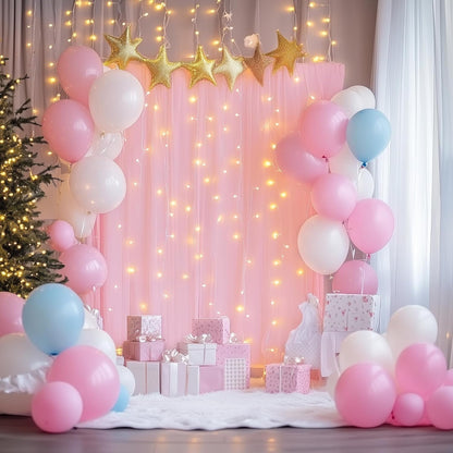 Fomcet Tulle Backdrop Curtains with Lights String White 10FT X 8FT Sheer Curtain with Lights Tulle Curtains Backdrop for Wedding Birthday Party Baby Shower Photo Shoot (2 Panels 5x8FT)