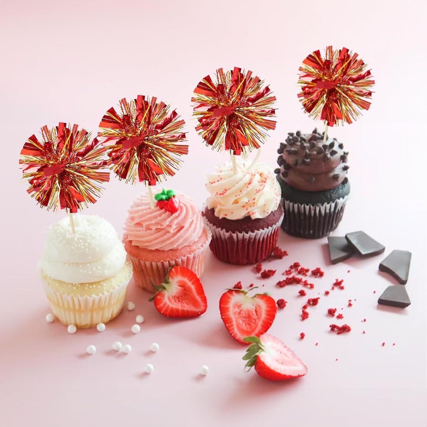 Ephlyn 30Pcs Foil Firework Cupcake Toppers Sparkle Tinsel Cupcake Picks Drink Stirrers Cocktail Food Fruit Toothpicks for Baby Shower Graduation Party Supplies White
