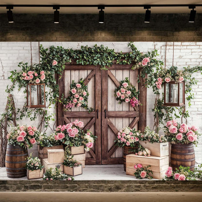 10x8ft Country Wedding Photography Backdrop Rustic Barn Door Photography Backdrop Farmhouse Pink Flower Cabin Wooden Birthday Baby Shower Wedding Bridal Party Banner Photo Booth Props Background