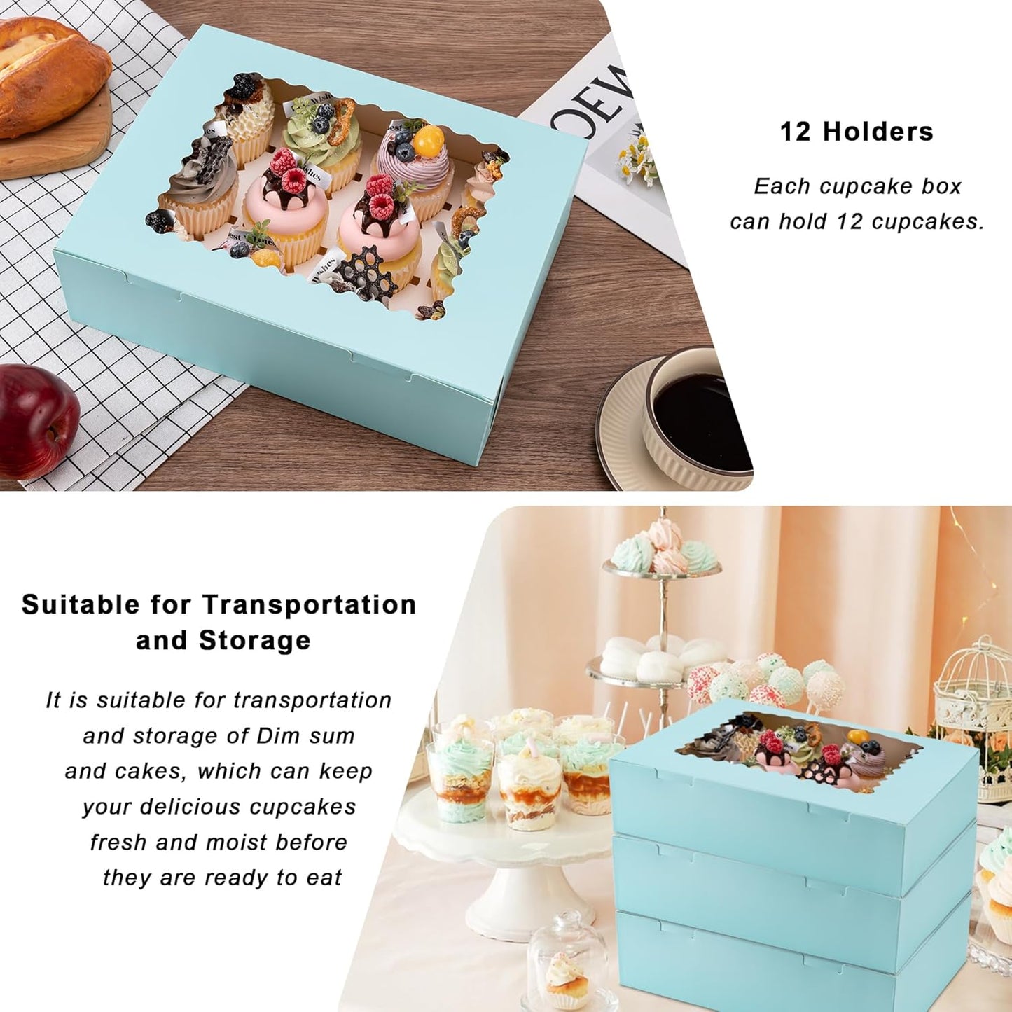 Hoewina 6PCS Cupcake Boxes - Hold 12 Count Cupcake Containers with Window, Food Grade Cupcake Holder Easy Transport and Presentation - Ideal for Cupcakes, Desserts, and More