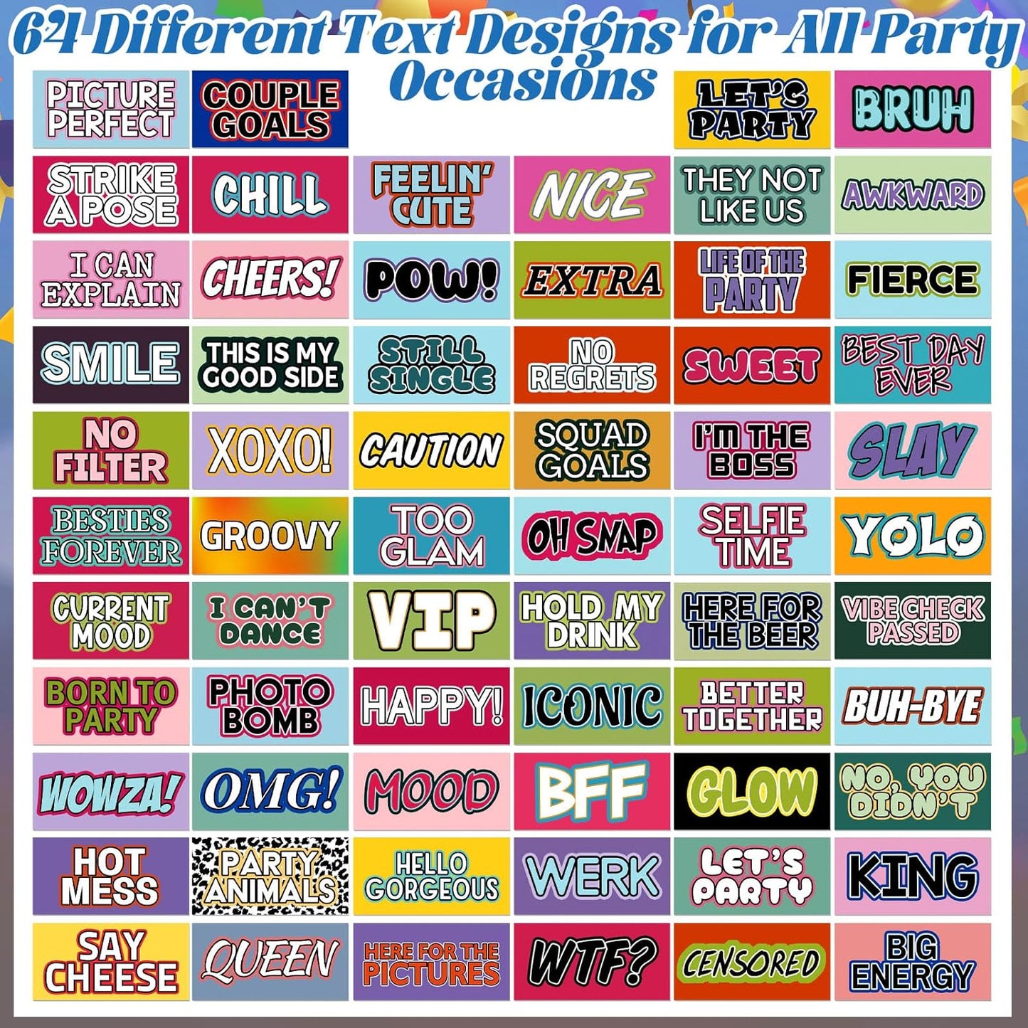 AceOrbit 64 Designs Funny Photo Booth Prop for All Occasion Double Sided 11x5.5'' Photobooth Props Sign Decor DIY Waterproof Selfie Sign for Wedding Graduate Birthday Party Supplies(Classic Style)