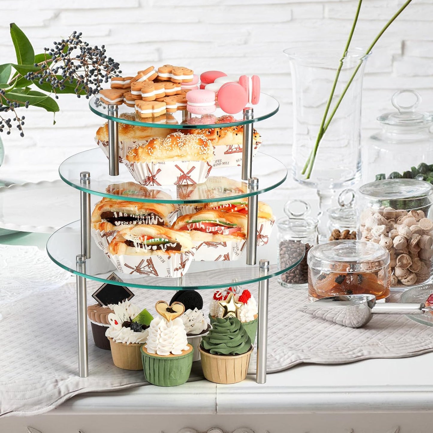 Hacaroa 3 Pcs Tempered Glass Cupcake Stands for Party, 9,11,12.6 Inch Round Food Display Stand Clear Retail Risers for Cakes, Desserts, Pastries, Appetizers