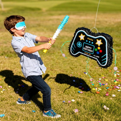 Video Game Piñata, Party Supplies Piñata with Blindfold and Bat Gaming Theme Piñatas for Kids Birthday Party Decorations (Blue)