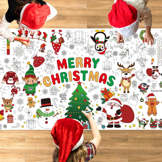 Christmas Coloring Tablecloth for Kids, 71 x 31 Large Inch Xmas Coloring Poster Table Cover, Holiday Doodle Crafts for Classroom, Family Party, Christmas Games and Activities Supplies