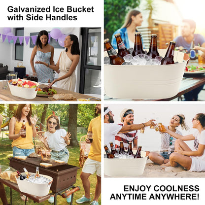 3 PCS 15.3 x 9 x 6 inches White Metal Galvanized Tub with Iron Handles, 3 Gallon Beverage Tubs for Parties, Large Ice Buckets for Beer, Wine, Cocktails & Outdoor Events