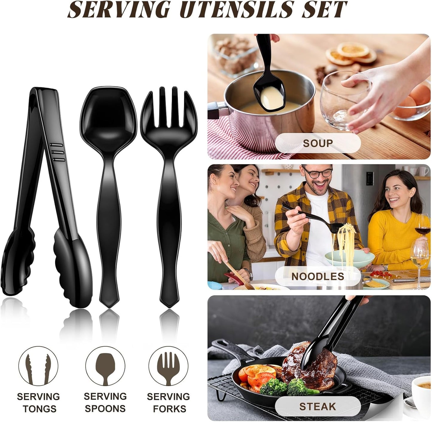Mwellewm 18Pcs Serving Utensils, 10'' Plastic Serving Utensils Set, Disposable Serving Spoons for Buffet, Large Serving Tongs for Food, Heavy Duty Party Supplies for Salad Soup Cooking Catering(Black)