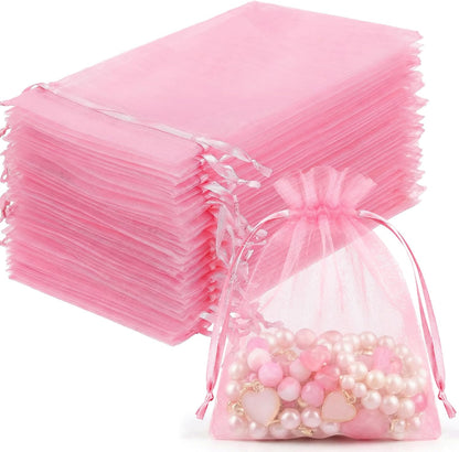 FUNFERY 100 Pcs White Organza Bags 3x4 in, Small Mesh Drawstring Gift Bags for Sachet, Jewelry, Wedding Favor, Candy Goodie Treat Bag,Easter Day