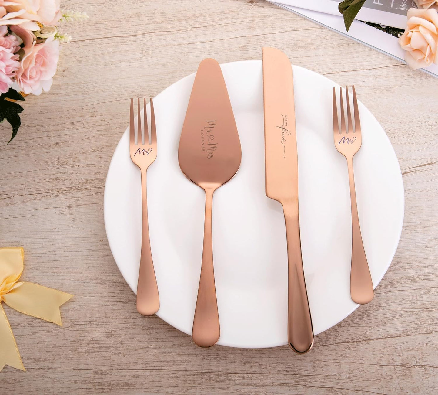 4 Pieces Wedding Cake Knife and Server Set, Stainless Steel Mr and Mrs Cake Cutter and Forks for Wedding, Birthday, Bridal Shower Gifts for Couples (Rose Gold)