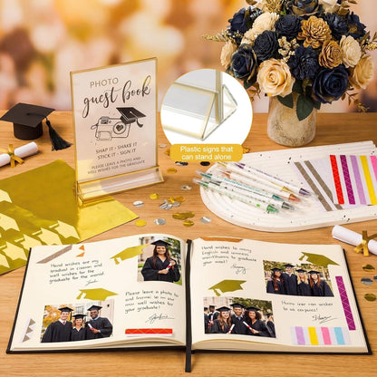 Pajean Graduation Guest Book Set Class of 2026 Memory Scrapbook with Photo Guest Book Sign Dual Tip Pens Photo Corner Stickers Grad Cap Stickers for Grad Party Decorations Supplies Gifts (Black)