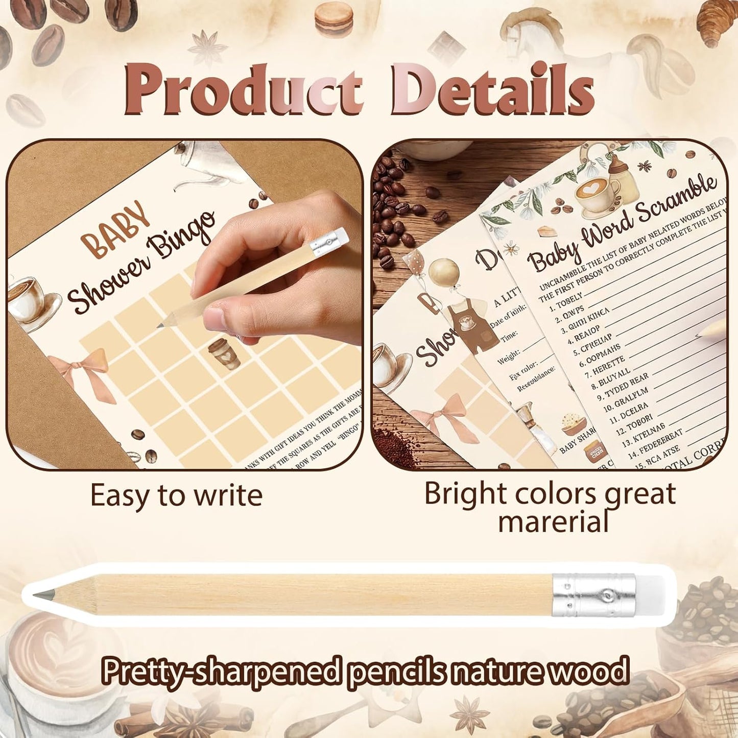 Yinder 145 Pcs Baby Shower Games Activities Cards with 20 Pencils Includes Baby Bingo Description and Wishes Guess Who Price is Right Word Scramble Game(Here Comes the Son)