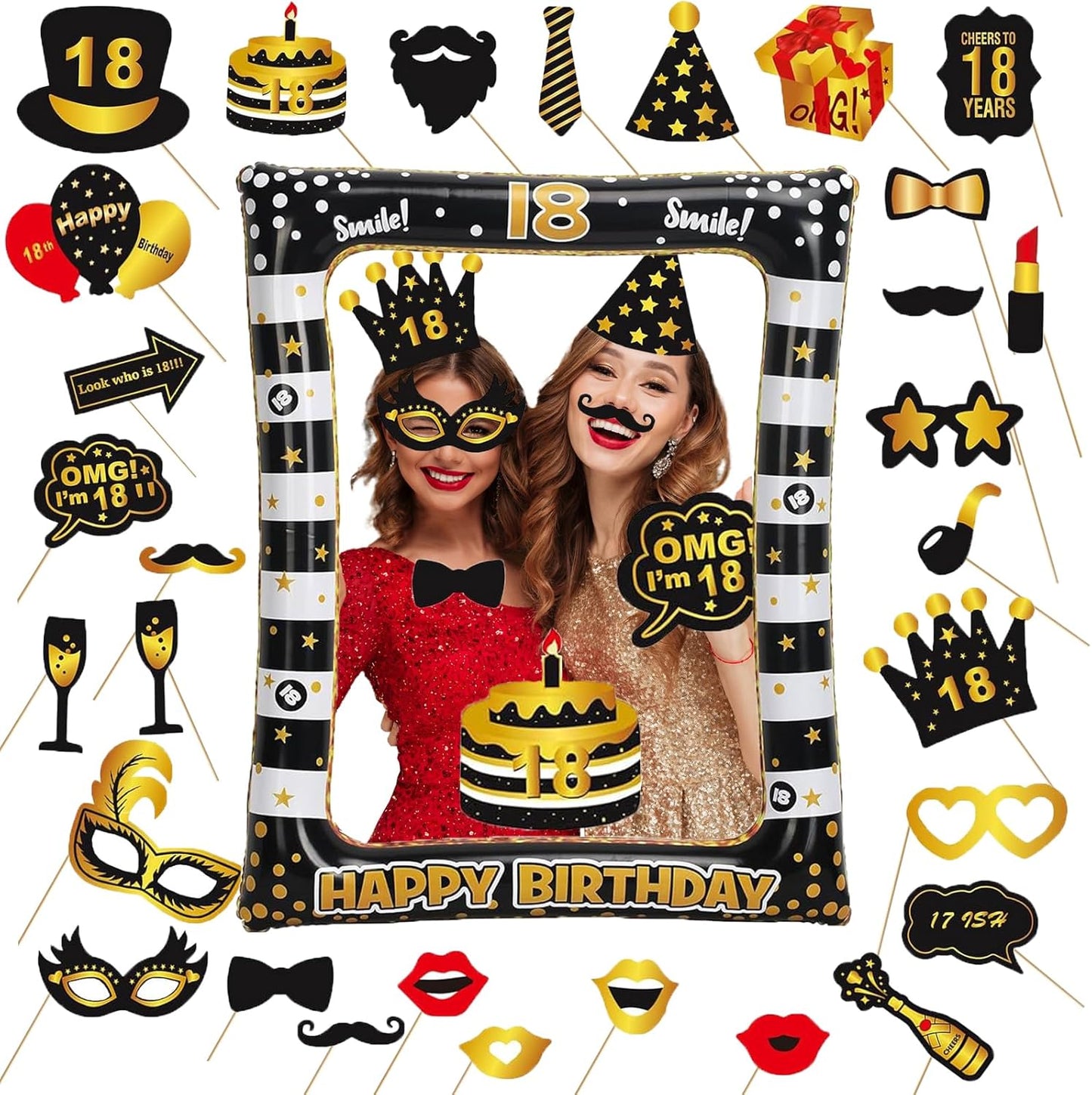 Hawaiian Party Photo Booth Props Kit, 30 PCS Luau Photo Booth Props with Large Inflatable Selfie Picture Frame for Hawaiian Tropical Tiki Summer Pool Party Supplies
