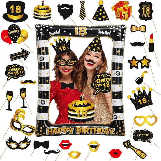Hawaiian Party Photo Booth Props Kit, 30 PCS Luau Photo Booth Props with Large Inflatable Selfie Picture Frame for Hawaiian Tropical Tiki Summer Pool Party Supplies