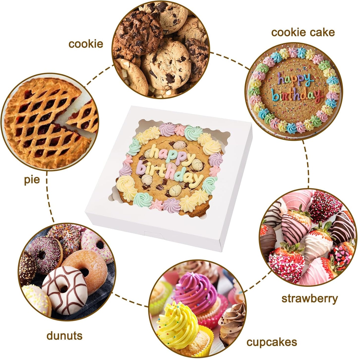 Moretoes 5pcs Pie Boxes, 12x12x2.5 White Bakery Boxes with Window, Auto-Popup Cookie Boxes for Pies, Dessert Boxes Treat Boxes for Pizza, Strawberries, Chocolate, Pastries, Muffins and Donuts