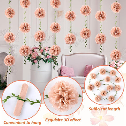 Yaoyinnz Nude Tissue Paper Pom Poms Garlands Boho Flower Pom Poms Garlands Kit Boho Paper Flowers Decorations Kit for Birthday Baby Shower Wedding Engagement Bridal Shower Festival Party Decorations