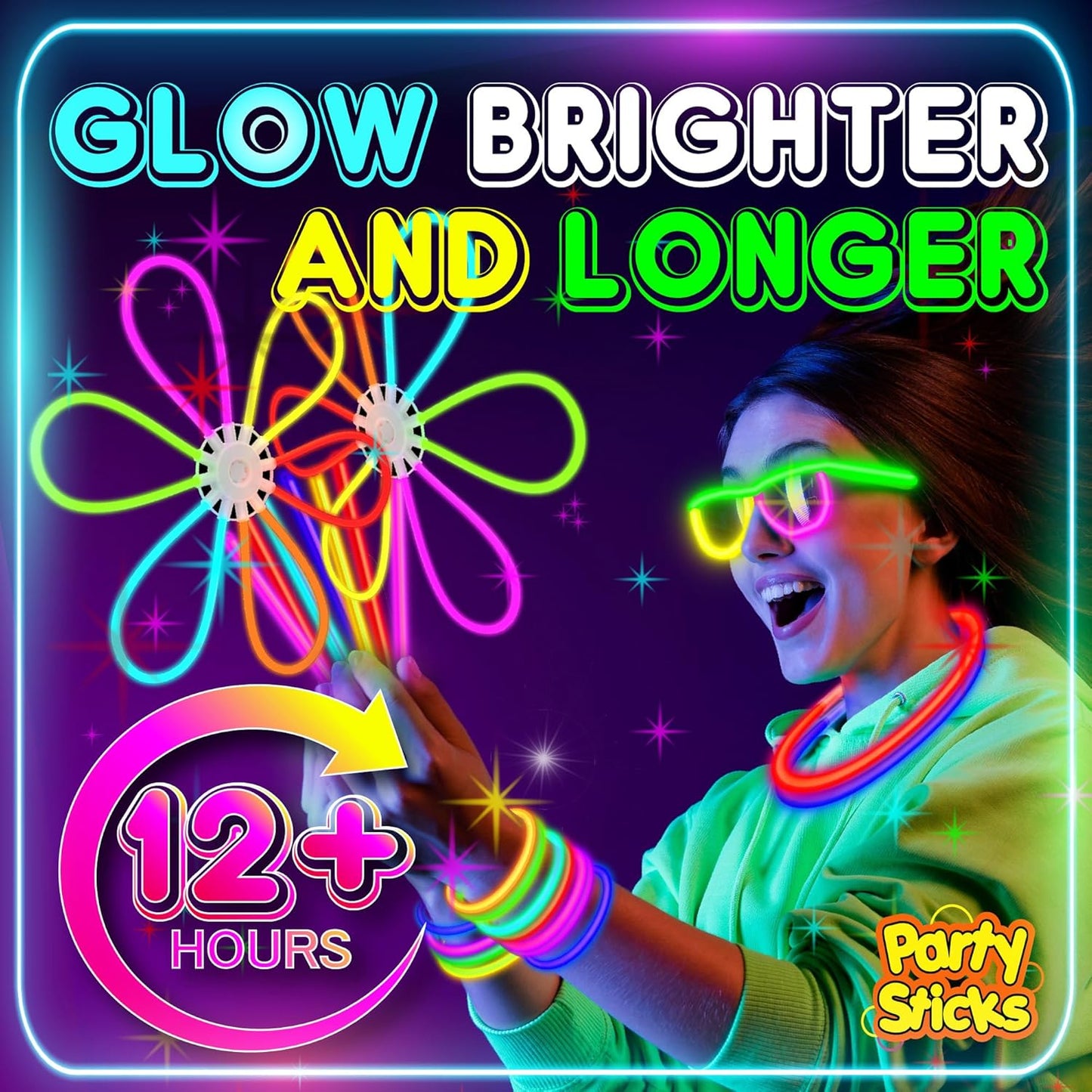 PartySticks Ultra Bright Bulk Party Supplies - Glow in The Dark Glow Sticks with Eye Glasses, Bracelets, and Connectors - Light Up Halloween 4th of July Party Favors