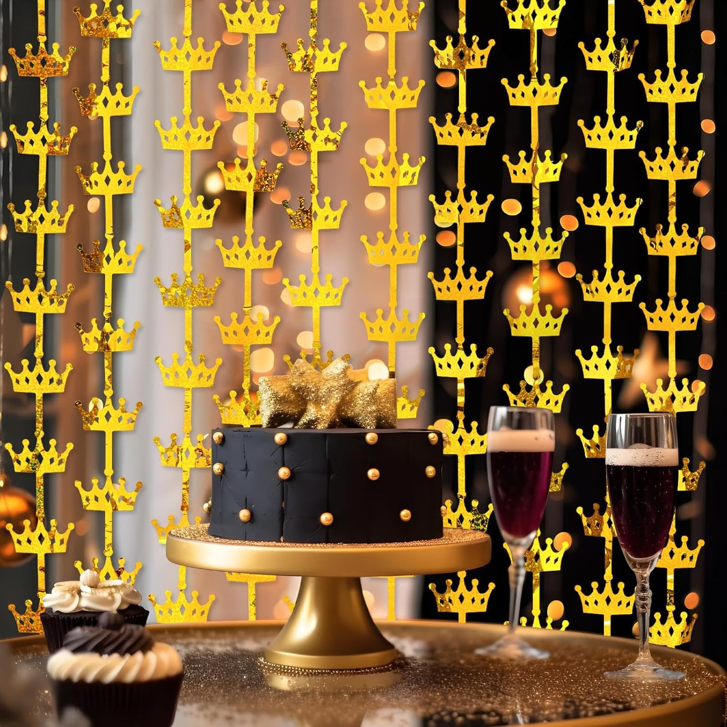 MENSTARSI King Crowns Party Decorations 2 Pack Gold Crown Photo Backdrop, 3.3x6.6ft Golden Foil Fringe Curtains Photo Booth Props for Men 1st 40th 50th Birthday Wedding Graduation Anniversary Decors