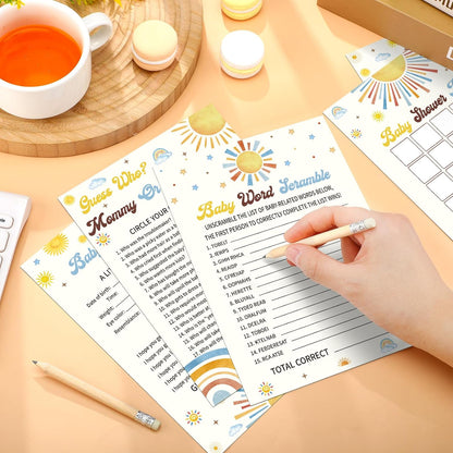 Yinder 145 Pcs Baby Shower Games Activities Cards with 20 Pencils Includes Baby Bingo Description and Wishes Guess Who Price is Right Word Scramble Game(Here Comes the Son)