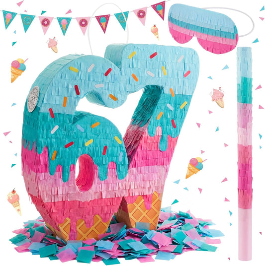 Sanwuta 67 Ice Cream Piñata Set with Bat Stick Blindfold Mask & Confetti, Multicolor Sundae Theme Party Decoration, Durable Cardboard, Ideal for Summer Birthday Celebration, 16 x 13 x 3 Inch