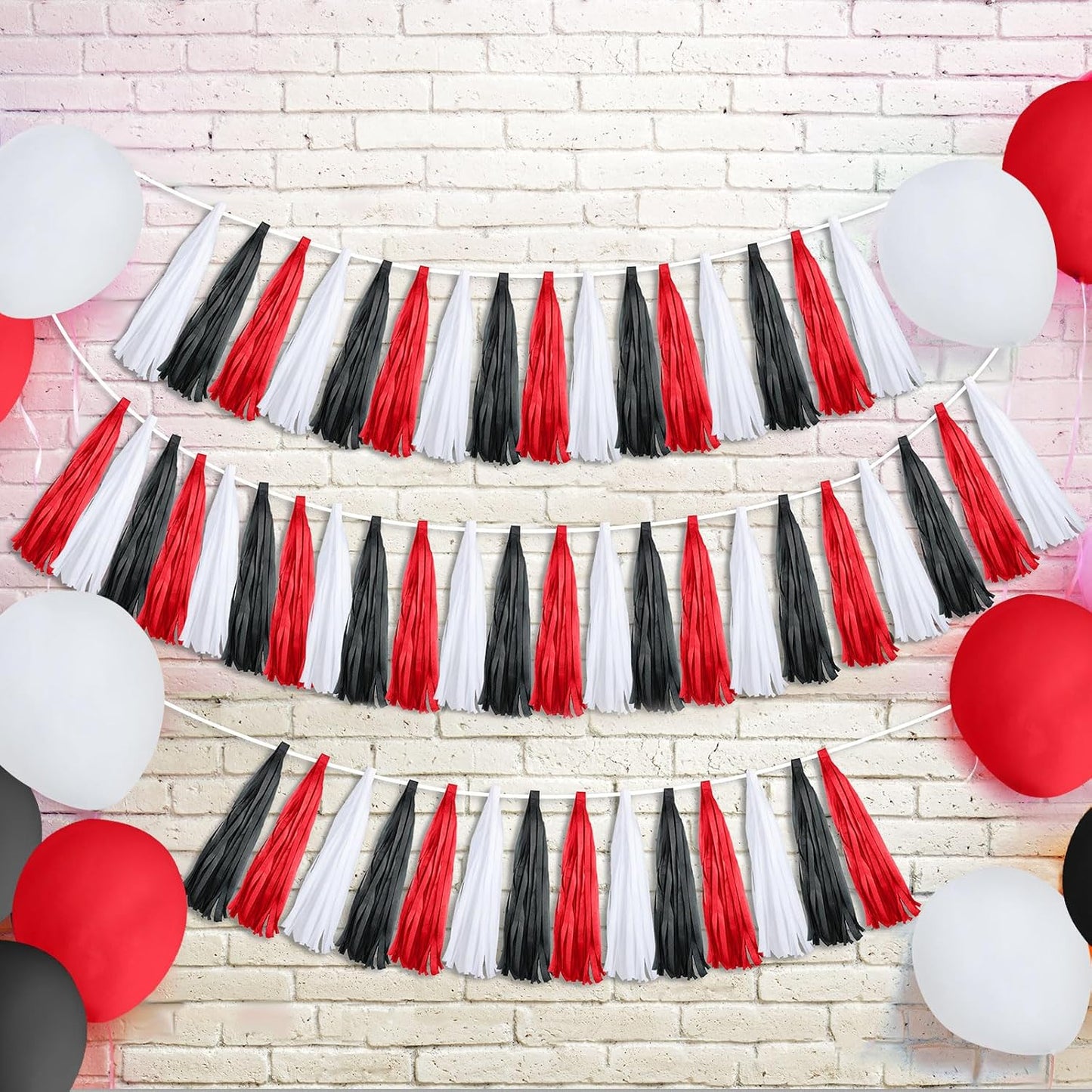 Outus 30 Pcs Red Black White Tassel Banner Garland Party Decorations Paper DIY Tissue Hanging America Decor for School Supplies Wedding Birthday Bridal Baby Shower Anniversary Independent Day