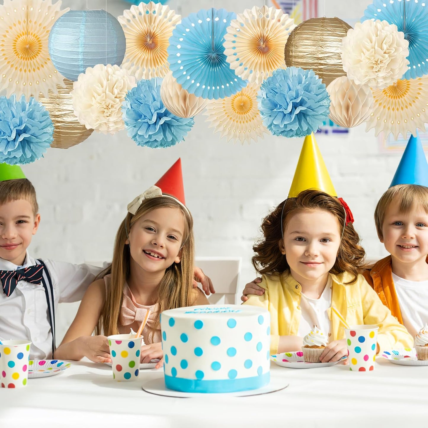 Tissue Paper Pom Poms - 23 PCS Dusty Blue Paper Flowers Pom Pom Kit Circle Dot Party Banner Hanging Swirl Party Decorations for Wedding Birthday Baby Shower Bridal Shower Tea Party