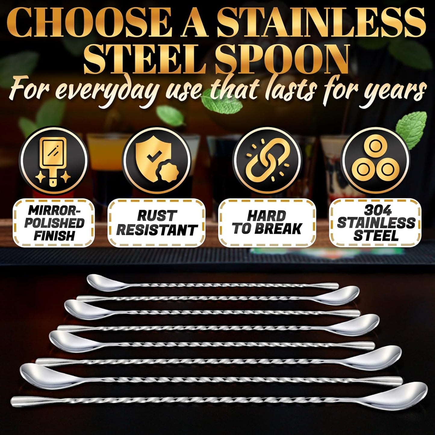 4 Pcs Bar Spoon Cocktail Mixing – Stirs Deep Glasses All the Way to the Bottom, Even Mixing & Easy Drink Layering – 12'' Long Balanced Stainless Steel Cocktail Stirrers for Drinks with Twisted Handle