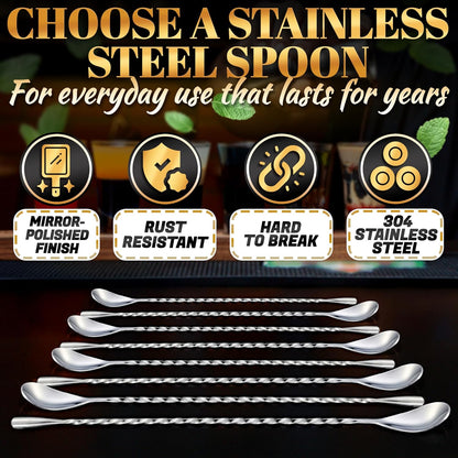 4 Pcs Bar Spoon Cocktail Mixing – Stirs Deep Glasses All the Way to the Bottom, Even Mixing & Easy Drink Layering – 12'' Long Balanced Stainless Steel Cocktail Stirrers for Drinks with Twisted Handle