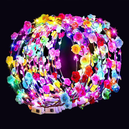 HONLYNE 24 PCS LED Flower Crowns Headbands, Light Up Flower Crowns for Women & Girls, Glow in The Dark Flower Hairbands Wreath for Wedding Beach Party Birthday Cosplay Gifts, Halloween, Christmas